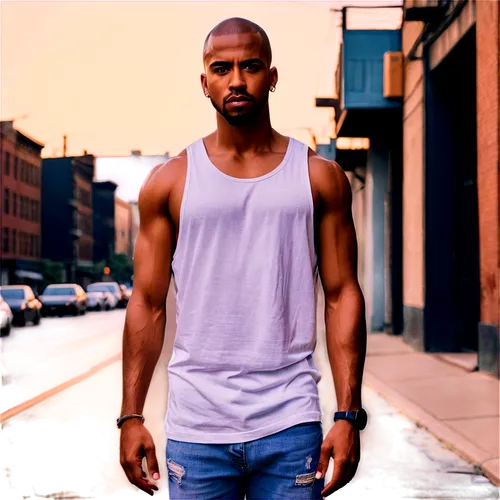 Strong black man, muscular build, shaved head, short beard, intense gaze, golden earrings, white tank top, ripped jeans, sneakers, confident posture, one hand on hip, urban background, warm lighting, 