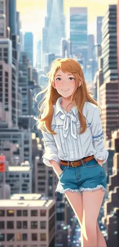 In the heart of bustling New York City, a vibrant and playful caucasian girl named Sarah Viva da Vinci is captured in a stunning aerial view. Her blonde hair is swept back in a warm brown curl, and sh