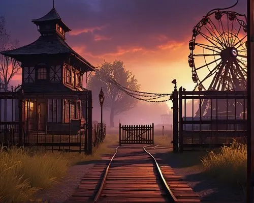 frontierland,amusement park,boardwalks,syberia,boardwalk,lumbago,deadlands,cartoon video game background,storyland,wooden bridge,westonzoyland,dark park,theme park,dusk background,rivertown,landscape background,morrowind,houses silhouette,wooden pier,horrorland,Conceptual Art,Sci-Fi,Sci-Fi 19