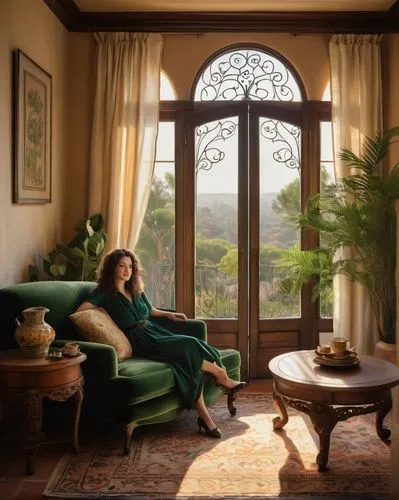 Luxurious Santa Barbara style interior, Mediterranean Revival architecture, elegant mature lady, 40s, curly brown hair, warm smile, soft focus, beige walls, dark wood floors, ornate furniture, velvet 