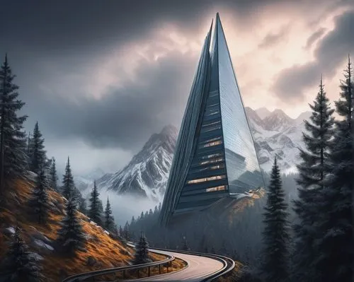 futuristic landscape,alpine drive,world digital painting,mountain pass,mountain highway,mountain road,isengard,ski jump,futuristic architecture,alpine crossing,zermatt,orthanc,reichsautobahn,mountain peak,matterhorn,barad,fantasy landscape,kitzsteinhorn,erebor,mountain station,Conceptual Art,Fantasy,Fantasy 16