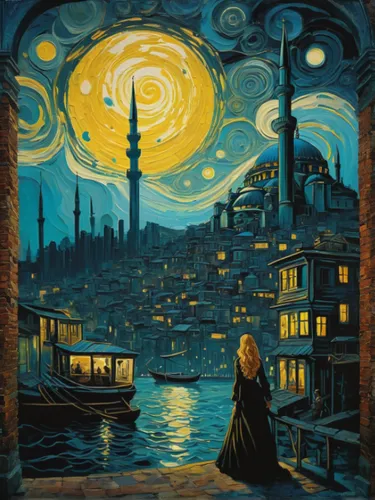 A fantastical cityscape (istanbul) where mythical creatures coexist with futuristic elements, a harmonious blend of the past and present and future, design in mind, impasto brush strokes by vincent va