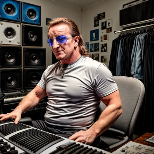 Bono Vox, secretário,,studio photo,synclavier,keyboard player,mixing engineer,studio shot,music producer,photo shoot in the studio,sound engineer,muscle shoals,studio monitor,toolroom,audiophile,home 