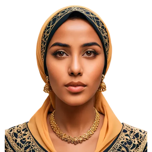 Saudi Arabian woman, hijab, dark skin, thick eyebrows, nose ring, full lips, golden jewelry, traditional clothing, intricate patterns, soft focus, warm lighting, shallow depth of field, 3/4 compositio