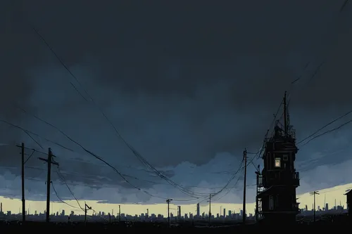 Describe a gloomy sky with dark clouds hanging overhead.,telephone poles,post-apocalyptic landscape,cityscape,suburb,evening city,cell tower,telephone pole,industrial landscape,houses silhouette,city 