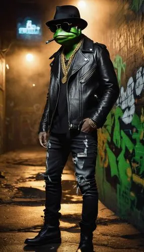 Gangster toad, green skin, gold chain, sunglasses, fedora hat, leather jacket, ripped jeans, black boots, urban background, graffiti walls, city streets, night scene, dim streetlights, smoke effect, c