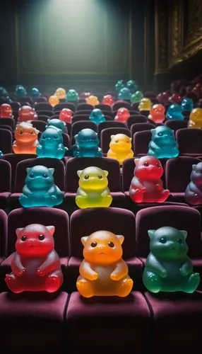 A striking cinematic shot of a cluster of cute-little-dwarf-gummy-Pokemons made of translucent and juicy gummy, sitting on the seats of a drama theater, in an aesthetic manner,cinema 4d,cinema seat,au