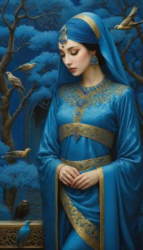 the prophet mary,woman praying,praying woman,blue enchantress,the annunciation,prioress,Illustration,Realistic Fantasy,Realistic Fantasy 08