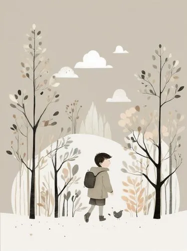 autumn walk,hiker,early winter,kids illustration,snow scene,forest walk,winter background,winter forest,girl with tree,snow trail,little girl in wind,autumn icon,late autumn,winter,woman walking,birch tree illustration,autumn theme,wintry,winter landscape,autumn forest,Illustration,Black and White,Black and White 02