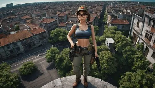 above the city,lara,on the roof,rooftops,lyon,drone pilot,pubg mascot,bird's eye view,drone operator,rooftop,anime 3d,roofs,city ​​portrait,montgolfiade,roof top,roofer,view from the roof,croft,roof rat,city view,Conceptual Art,Fantasy,Fantasy 11