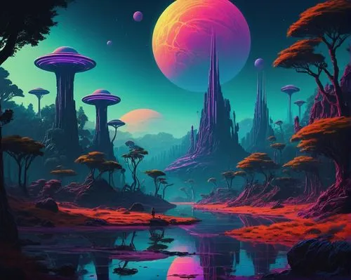 mushroom landscape,alien world,futuristic landscape,alien planet,lunar landscape,fantasy landscape,beautiful wallpaper,lagoon,mushroom island,gas planet,desert planet,planet alien sky,purple landscape,planet,samsung wallpaper,moon valley,paisaje,space art,vast,moonscapes,Conceptual Art,Sci-Fi,Sci-Fi 12