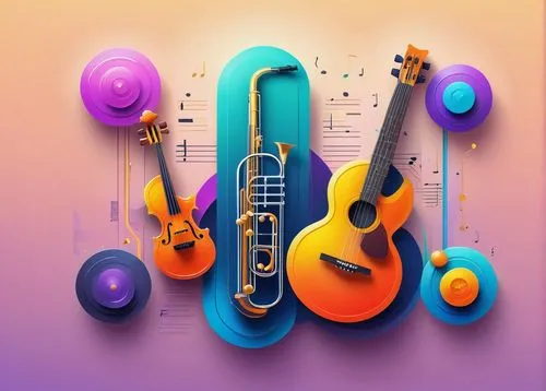 Instrument, musical instrument, web design, modern minimalism, flat illustration, colorful buttons, smooth gradient, glossy finish, metallic material, reflective surface, subtle shadow, soft ambient l