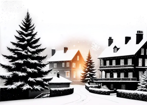 Winter Christmas scene, black and white monochrome, snowflakes gently falling, festive atmosphere, decorated Christmas tree, ornaments, gifts wrapped in paper, ribbons and bows, snow-covered rooftops,