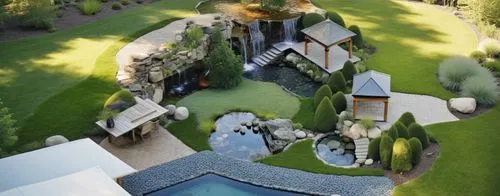 Create a detailed and harmonious design that captures the beauty and tranquility of a natural garden with a koi pond, rock formations, waterfalls, and lush greenery.,dubai miracle garden,miniland,land