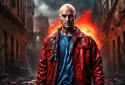 action-adventure game,city in flames,cd cover,the conflagration,daemon,bald,fury,fire background,red hood,prejmer,exploding head,inflammable,baldness,lake of fire,steelworker,conflagration,main charac