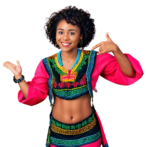 Happy Kwanzaa girl, Afro hair, colorful beads, bright smile, vibrant clothing, traditional dashiki, African patterns, festive atmosphere, warm lighting, 3/4 composition, shallow depth of field, soft f