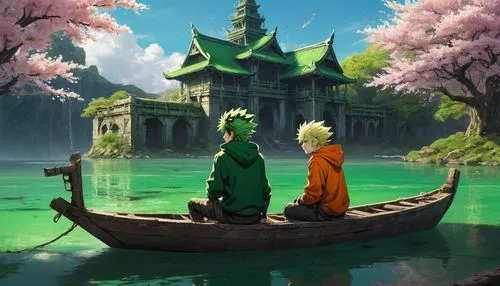 fantasy picture,water lotus,dragon boat,Deku,Bakugou,anime,Conceptual Art,Fantasy,Fantasy 13