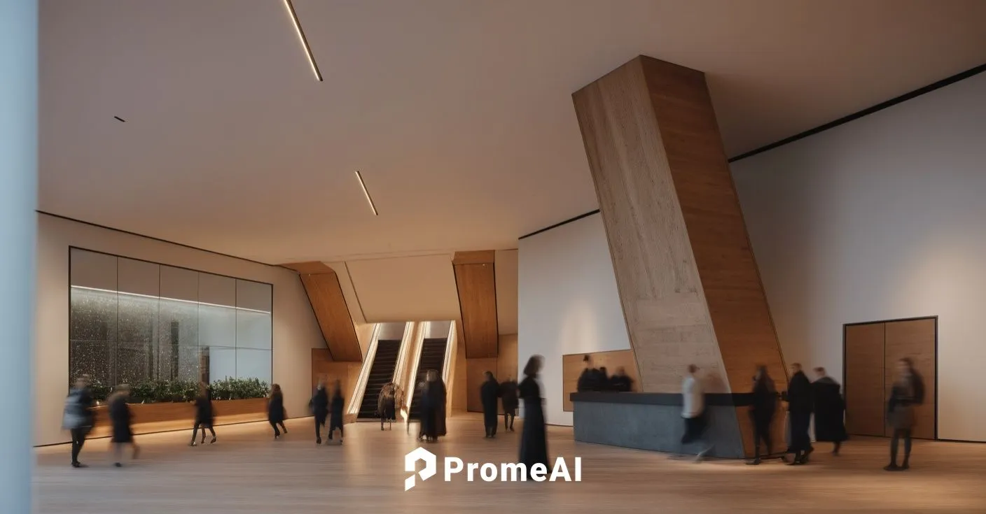 Interior architecture, pedestrian circulation space in the entrance to a commercial area, walls clad in wood and black concrete, light wood floor, multiple lighting on the ceiling, contemporary Scandi