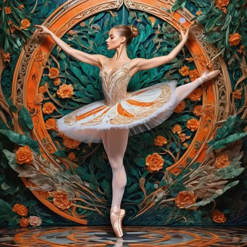 The photograph depicts a masterpiece of music and art, with vibrant greenery and intricate carvings adorning the background. In the center of the image, a diamond-shaped ballerina can be seen dancing 