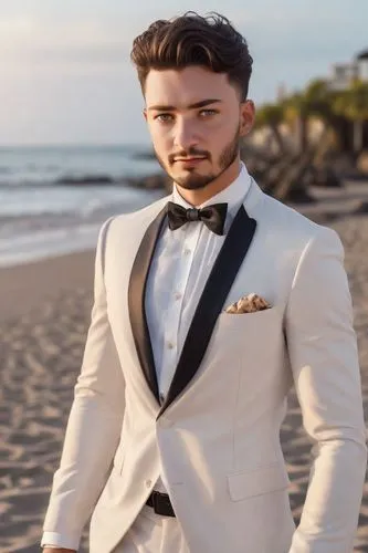 Instagram model, stunning tuxedo, beach wedding background, photorealistic, Nikon Z8, blurred background, f/1.8 35mm, depth of field, photo realistic, raw photo, highly detailed photography, insanely 