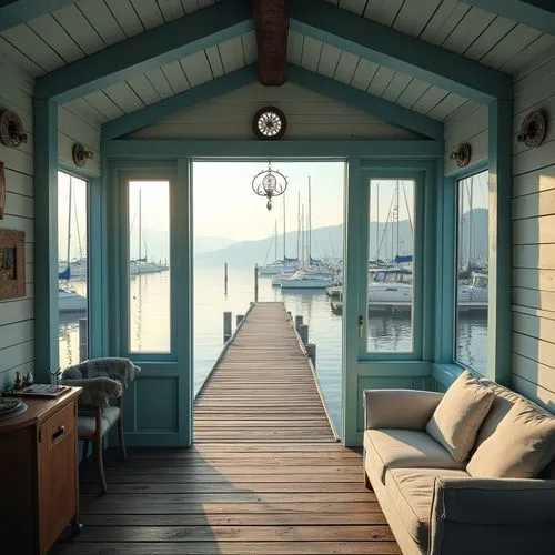 houseboat,boatshed,boat dock,beach hut,house by the water,seaside view,houseboats,boat shed,wooden pier,front porch,sunroom,deckhouse,porch,summer cottage,dock,boat house,floating huts,over water bungalow,boathouse,seaside country,Photography,General,Realistic