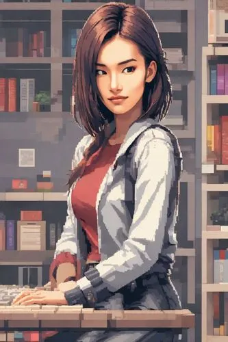 librarian,girl studying,girl at the computer,secretarial,asami,bookstore,Digital Art,Pixel