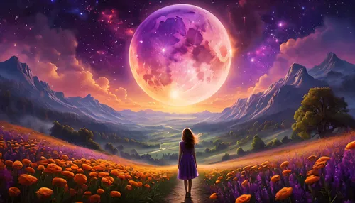 fantasy picture,purple landscape,purple moon,dreamscape,fantasy landscape,fantasy art,dream world,the mystical path,world digital painting,dreamtime,wonderlands,dreamscapes,astral traveler,moon and star background,moonwalked,dreamland,valley of the moon,dreamlands,violinist violinist of the moon,cosmos field,Photography,General,Natural