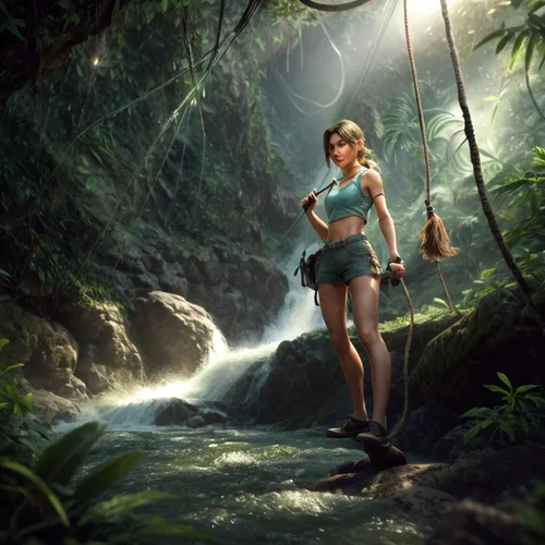 standing under flowing waterfall in a jungle,lara,tiber riven,fantasy picture,rope swing,world digital painting,croft,fantasy art,rainforest,rain forest,wooden swing,jungle,water nymph,hiker,digital c