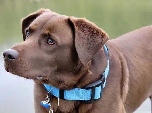 brown dog with a blue collar looking out at the lake,vizla,chesapeake bay retriever,wirehaired vizsla,chocolate labrador,vizsla,redbone coonhound,bracco italiano,portuguese pointer,german shorthaired 