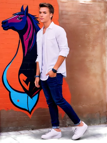 Horse head, logo embroidered, casual wear, sporty style, male fashion, white shirt, blue jeans, sneakers, relaxed posture, one hand in pocket, confident expression, natural makeup, short hair, morning