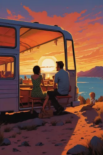 summer evening,camper on the beach,travelers,train ride,sea beach-marigold,picnic boat,bus stop,digital nomads,sunset,campervan,seaside,romantic scene,sunsets,studio ghibli,evening atmosphere,orange sky,camping car,coast sunset,stranded,summer day,Conceptual Art,Daily,Daily 08