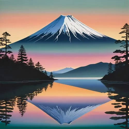 fuji,lake tanuki,fujiyama,japan landscape,mount fuji,mt fuji,Illustration,Paper based,Paper Based 21