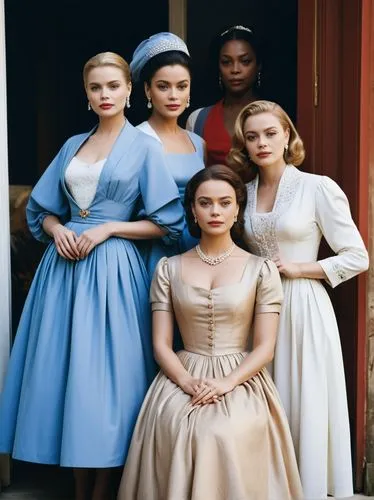 Grace Kelly, Aishwarya Rai and Scarlett Johansson in the Country.,women in dress clothes standing on the steps,countesses,maidservants,handmaids,noblewomen,actresses,the victorian era,Photography,Blac