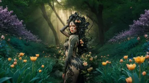 spring background,faerie,dryad,faery,the enchantress,elven flower,fairy queen,swath,fairy forest,enchanted forest,tiger lily,mother earth,girl in flowers,mother nature,garden fairy,clove garden,elven 