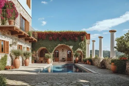 a large pool outside with potted plants on both sides,alhambra,la kasbah,dorne,provencal,granada,positano,courtyard,hacienda,kasbah,bougainvilleans,mediterranean,marbella,provencal life,taormina,spani