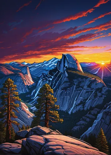 mountain sunrise,half-dome,half dome,salt meadow landscape,mountain landscape,yosemite,alpine sunset,mountain scene,yosemite park,landscape background,mountainous landscape,mountain range,snowy mountains,mountains,snowy peaks,cascade mountain,mountain peak,mountain valley,mountainous landforms,the landscape of the mountains,Illustration,Realistic Fantasy,Realistic Fantasy 25