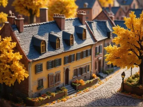 miniature house,escher village,tilt shift,alpine village,townscapes,medieval street,model house,medieval town,miniland,kleinburg,townhouses,autumn scenery,wooden houses,cobblestone,aurora village,blocks of houses,autumn decoration,fall landscape,terbrugge,maison,Art,Classical Oil Painting,Classical Oil Painting 21