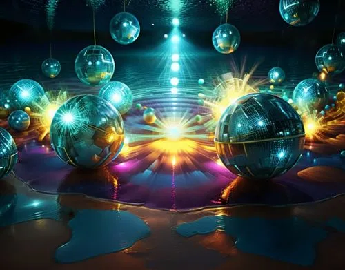 spheres,prism ball,blue spheres,mirror ball,glass balls,teleporters,Illustration,Realistic Fantasy,Realistic Fantasy 38