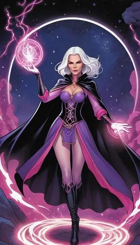 2D Comic portrait of Charlize Theoren as a white haired sorceror iin a purple and pink full-body outfit and gloves, and  black cape, casting a spell in the middle of magic circle.,a woman is holding a