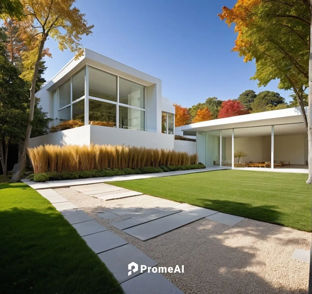 the modern house has large windows, grass and trees,landscaped,landscape design sydney,modern house,dunes house,landscape designers sydney,bridgehampton,Photography,General,Realistic