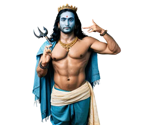 Lord Shiva, Indian mythology, majestic pose, muscular physique, blue skin, serpent around neck, third eye on forehead, crown of skulls, long black hair, intricate tattoos, dhoti and sangvastra clothin