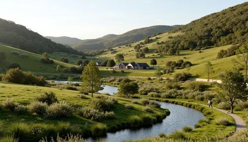 Seamless landscape integration, rolling hills, lush green meadows, sparkling water features, walking trails, native flora, local stone walls, earthy tones, natural materials, organic forms, curved lin