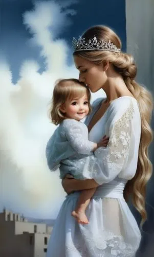 Юбочка,a mother holding her baby girl wearing a tiara,little girl and mother,peignoir,frigga,mama mary,maternal,prinses