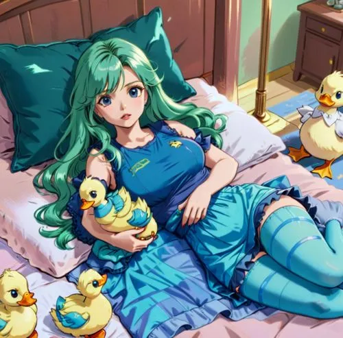 Jessica Simpson laying on bed holding a duckling plushie,a woman in blue laying on top of a bed,michiru,mikulas,duck females,lum,ranka,hatsune,Anime,Anime,General