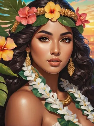 polynesian girl,moana,polynesian,hula,luau,aloha,plumeria,tropical bloom,west indian jasmine,frangipani,polynesia,tropical floral background,tahiti,maui,hawaiian,boho art,mai tai,portrait background,lei,santana,Art,Classical Oil Painting,Classical Oil Painting 02