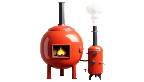 Cartoon furnace, bright red body, shiny metal surface, rounded shape, small chimney on top, steam emitting from chimney, glowing yellow eyes, smiling face, copper pipes, old-fashioned style, detailed 