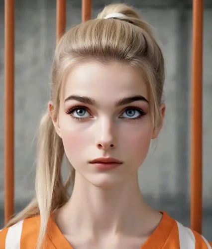 realdoll,clementine,doll's facial features,girl portrait,natural cosmetic,orange,prisoner,chainlink,cosmetic,female doll,orange color,portrait of a girl,blond girl,eleven,beauty face skin,barbie,elsa,blonde girl,bun,daphne,Photography,Natural