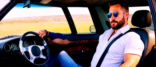 Man, van driver, white shirt, blue jeans, rugged beard, sunglasses, muscular arms, relaxed posture, sitting in driver's seat, holding steering wheel, leather seats, metallic interior, shiny chrome whe