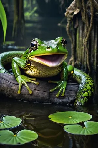 Frog-snake hybrid, green scaly skin, bulging eyes, sharp teeth, long tongue, slender body, coiled pose, swampy environment, misty atmosphere, old wooden dock, murky water, lily pads, twisted roots, di