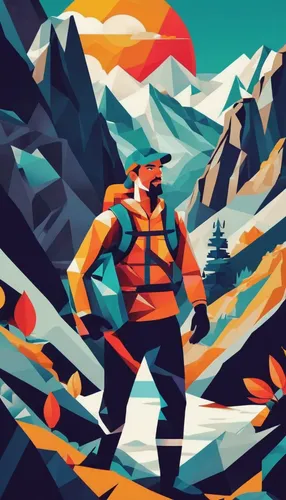 A traveller in a mountain gorge,mountain guide,mountain rescue,vector illustration,mountain world,mountain scene,alpine crossing,the spirit of the mountains,himalaya,everest,low poly,high-altitude mou